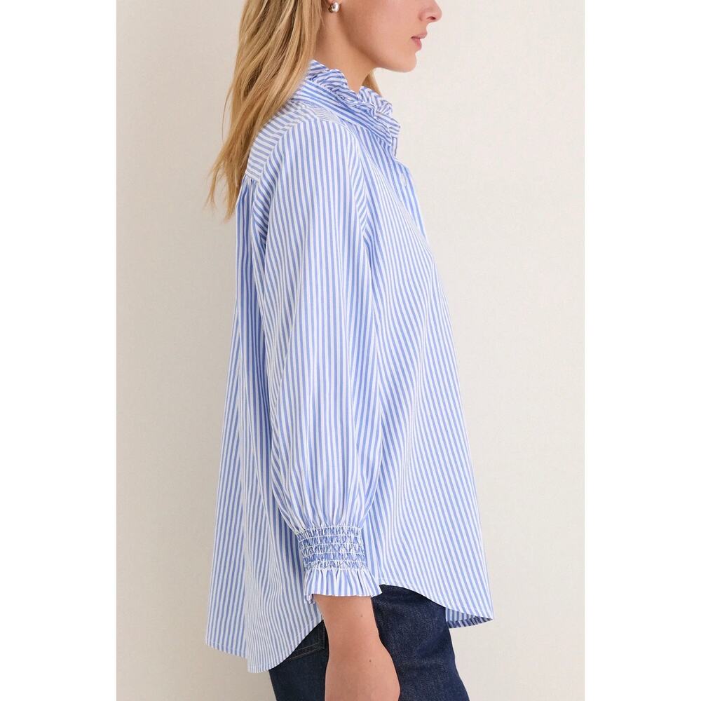 Tuckernuck Blue and White Pinstripe Ruffled Collar Button-Down Blouse - Picture 2 of 12
